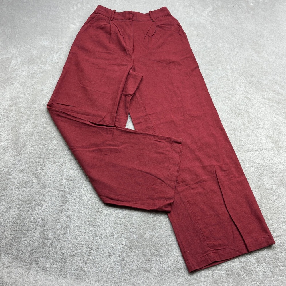 House of Harlow 1960 Wide Leg Pants Women XS Burgundy Linen Pleated Quiet Luxury